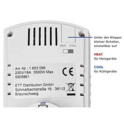 Steckdosen-Thermostat McPower TCU-440 5-30°C, 3500W, 230V, Kabel +  Außenfühler