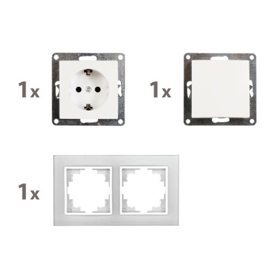 Schalter und Steckdosen Set McPower Flair Tür 2-fach-Style weiß + Glasrahmen