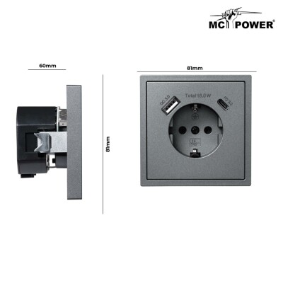 Schutzkontakt-Steckdose McPower Shallow 1x USB-C - 18W Quickcharge - 1x USB-A