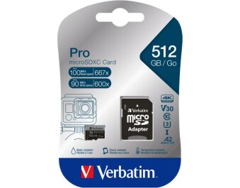 Micro SDXC Card Verbatim PRO 512GB U3 Class 10 inkl....