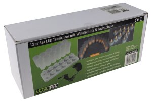 LED Teelichter 12er Set mit Windschutz wiederaufladbar auf Ladestation
