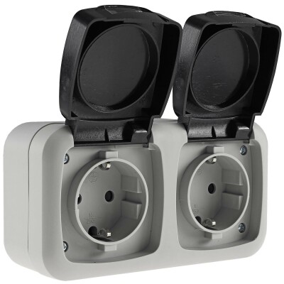Feuchtraum Doppel-Steckdose IP44 250V~/ 16A inkl. AP-Rahmen grau