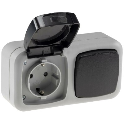 Feuchtraum Kombi-Schalter/Steckdose,IP44 250V~/ 10/16A grau AP horizontal