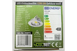LED-Einbauleuchte COB-5 5W 420lm ALU 3000K 95° Ø85xT47mm Rahmen weiß