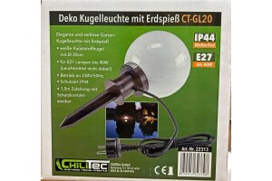 Garten Kugelleuchte Erdspieß CT-GL20cm IP44 230V 1,5m Kabel E27 Fassung