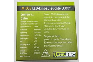 MILOS LED-Einbauleuchte COB weiß matt 80x80mm 3000k warmweiß 55Lumen