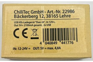 USB Kfz-Ladegerät Duo 4,8A 24W In 12-24V= Out 5V= 4,8A  2x USB