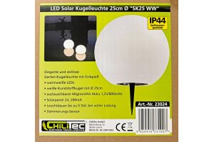 LED Solar Kugelleuchte 25cm Ø SK25 W IP44 Warmweiß / 3000K
