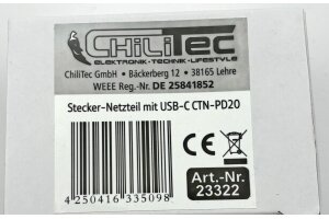 Stecker-Netzteil mit USB-C CTN-PD20 Ein 100-240V~ 5V/9V/12V 20W