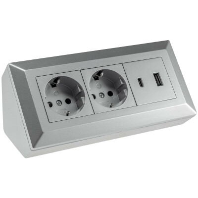 2-fach Steckdosenblock USB-A+C silber 250V~/ 16A Aufbaumontage USB 3,1A PD
