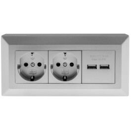 2-fach Steckdosenblock + 2x USB silber 250V~/ 16A...