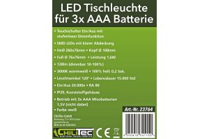 LED Tischleuchte 26cm Weiß 3xAA A Batterie dimmbar Licht warmweiß