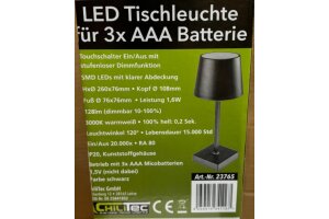 LED Tischleuchte 26cm Schwarz 3xAAA Batterie dimmbar Licht Warmweiß
