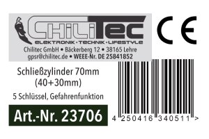 Schließzylinder 70mm (40+30mm) 5 Schlüssel...