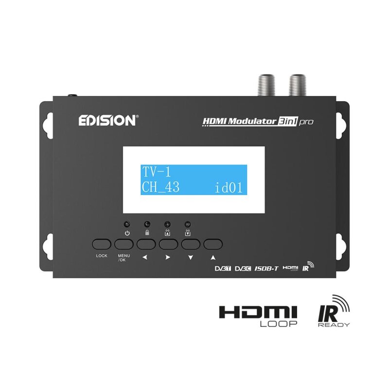 EDISION 3-in-1 Pro HDMI modulator, Full HD distribution to coaxial cable, DVB-T or ISDB-T or DVB-C cable, HDMI loop, RF IN, LCD display, quick installation