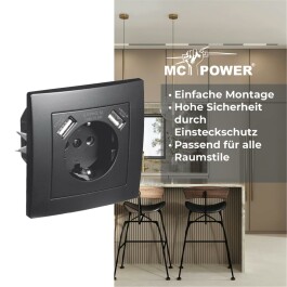 Schutzkontakt-Steckdose mit 2x USB McPower Flair,250V 5V/2,1A,UP,matt schwarz