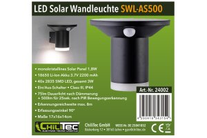 LED Solar Wandleuchte SWL-AS500 IP44 warmweiß 3000K PIR Sensor