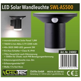 LED Solar Wandleuchte SWL-AS500 IP44 warmweiß 3000K PIR Sensor
