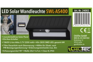 LED Solar Wandleuchte SWL-AS400 IP44 warmweiß 3000K PIR Sensor