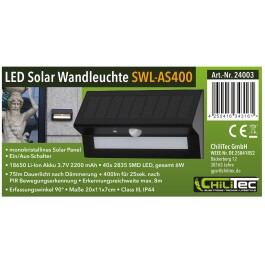 LED Solar Wandleuchte SWL-AS400 IP44 warmweiß 3000K PIR Sensor