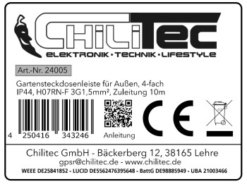 Gartensteckdosenleiste für Außen 4-fach IP44 H07RN-F 3G1,5mm² Zuleitung 10m
