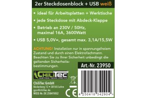2-fach Steckdosenblock USB-A+C weiß 250V~/ 16A USB 3,1A PD mit Klappen