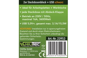 2-fach Steckdosenblock USB-A+C schwarz 250V~/ 16A USB 3,1A PD mit Klappen