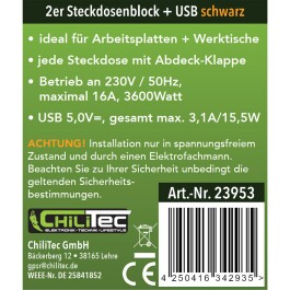 2-fach Steckdosenblock USB-A+C schwarz 250V~/ 16A USB 3,1A PD mit Klappen