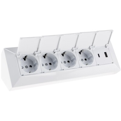4-fach Steckdosenblock USB-A+C weiß 250V~/ 16A USB 3,1A PD mit Klappen