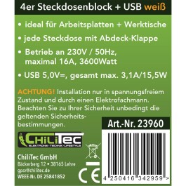 4-fach Steckdosenblock USB-A+C weiß 250V~/ 16A USB 3,1A PD mit Klappen