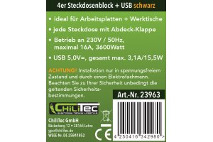 4-fach Steckdosenblock USB-A+C schwarz 250V~/ 16A USB 3,1A PD mit Klappen
