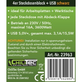 4-fach Steckdosenblock USB-A+C schwarz 250V~/ 16A USB 3,1A PD mit Klappen