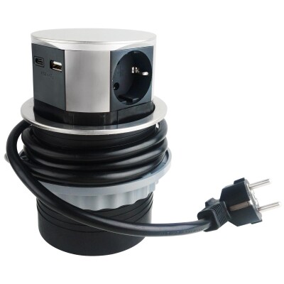 Schreibtisch-Einbausteckdose 3x +USB A+C versenkbar Edelstahl-Ausführung rund