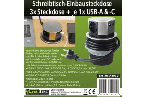 Schreibtisch-Einbausteckdose 3x +USB A+C versenkbar Edelstahl-Ausführung rund