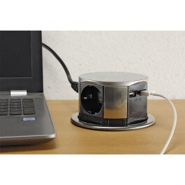 Schreibtisch-Einbausteckdose 3x +USB A+C versenkbar Edelstahl-Ausführung rund