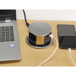 Schreibtisch-Einbausteckdose 3x +USB A+C versenkbar Edelstahl-Ausführung rund