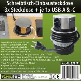 Schreibtisch-Einbausteckdose 3x +USB A+C versenkbar Edelstahl-Ausführung rund