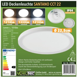 LED Deckenleuchte Santano FR-22 CCT IP54 Ø 22,5cm 12W  CCT 3000-6000K