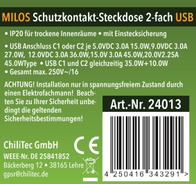 MILOS Schutzkontakt-Steckdose 2-fach 250V~/16A 1x UP 2x USB C/PD weiß matt