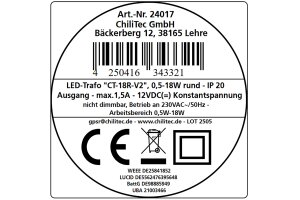 LED-Trafo CT-18E 0,5-18W rund 55mm Ø 230V auf 12V= Konstantspannung