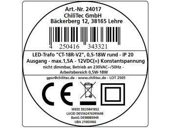 LED-Trafo CT-18E 0,5-18W rund 55mm Ø 230V auf 12V= Konstantspannung