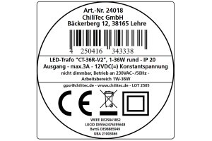 LED-Trafo CT-36E 1,0-36W rund 64mm Ø 230V auf 12V= Konstantspannung