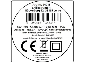 LED-Trafo CT-36E 1,0-36W rund 64mm Ø 230V auf 12V= Konstantspannung