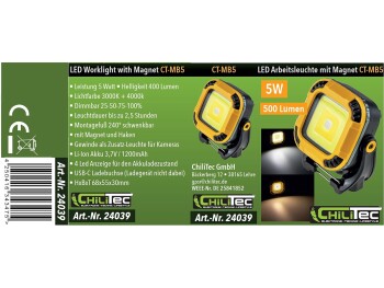 Mini Baustrahler mit Akku CT-MB5 schwenkbar 400Lumen 5 Watt Magnet