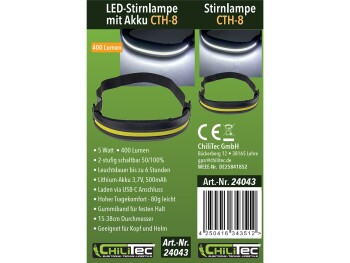 LED-Stirnlampe mit Akku CTH-8 5W 400 Lumen 230° Ausleuchtung USB-C