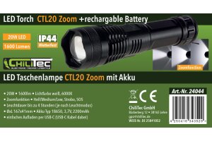 LED-Taschenlampe CTL20 Zoom mit Akku 20W 1600lm Zoom ØxL 167x41mm