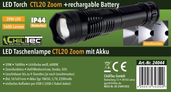 LED-Taschenlampe CTL20 Zoom mit Akku 20W 1600lm Zoom ØxL 167x41mm