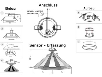 Decken-Einbau-Bewegungsmelder 360° PIR LED geeignet 8m Detektion 83x48mm