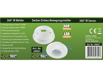 Decken-Einbau-Bewegungsmelder 360° PIR LED geeignet 8m Detektion 83x48mm