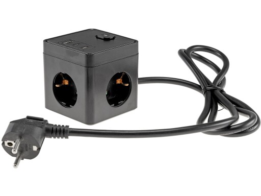 Steckdosen-Würfel mit USB-Ladebuchsen USB-A /USB-C,3-fach 1,5m Kabel schwarz